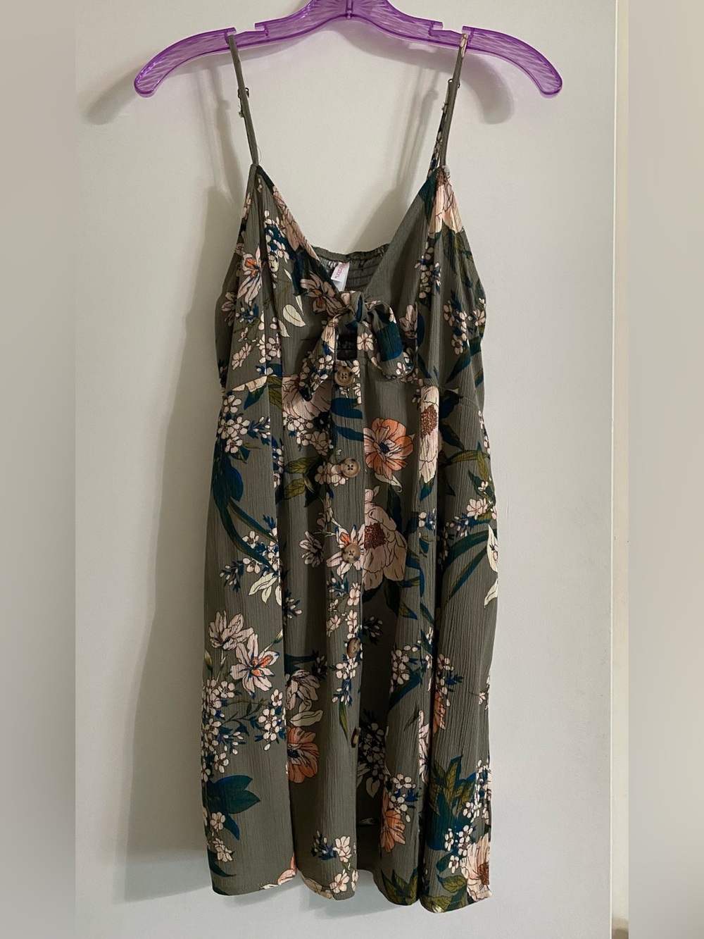 Xhilaration Olive Green Floral Tie-Front Mini Dress